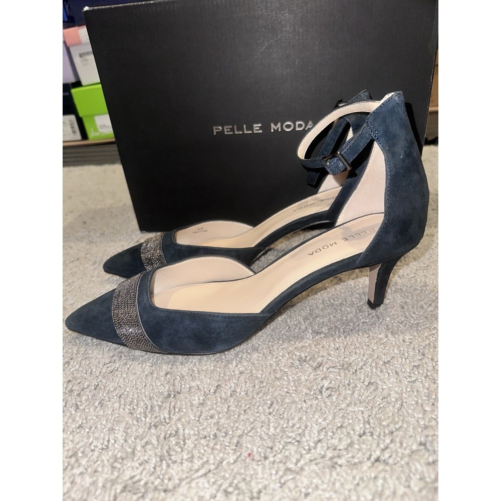 NWB  Pelle Moda 8.5m KELDA-SU Slingback Pumps Navy Kid‎ Suede Beige Shoes - Picture 3 of 6